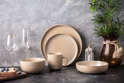 Stoneware Dinnerware Set Matte Reactive Glaze Embossed Lines YX076