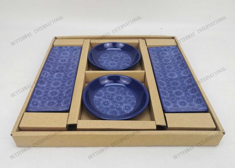 Stoneware Sushi Dish Set Reactive Glaze with Inglaze Pattern