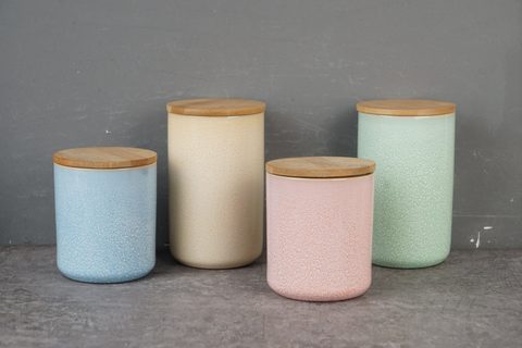 Stoneware Jar with Bamboo Lid Reactive Glaze YX