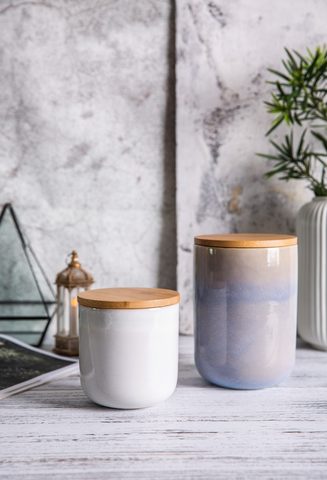 Stoneware Jar with Bamboo Lid Reactive Glaze YX