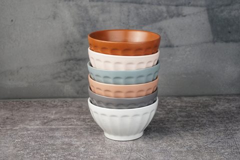 Stoneware Bowl Solid Color Glaze Embossed with Lines