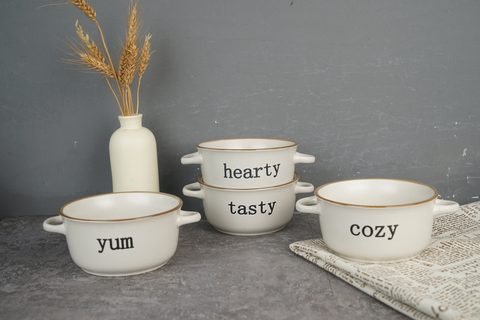 Stoneware Double Ear Soup Bowl Embossed with Words BH821