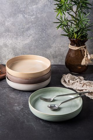 Stoneware Bowl Set Matte Reactive Glaze Embossed Lines YX076