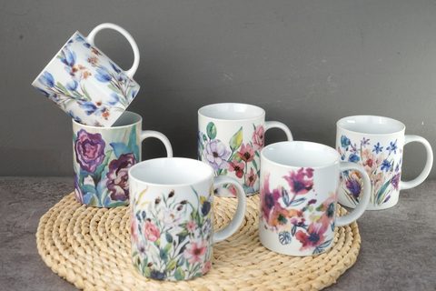 Porcelain Straight Mug Shape Coffee Mug with Watercolor Flower Design