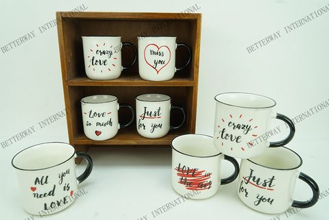 New Bone China Coffee Mug with Love Design, Handle & Rim with Black Color