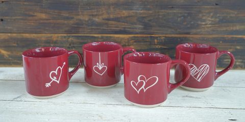 Stoneware Coffee Mug Set Burgundy Color Embossed Heart