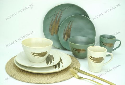 Stoneware Dinnerware Reactive Glaze with Metalic Engraved Brush Pattern