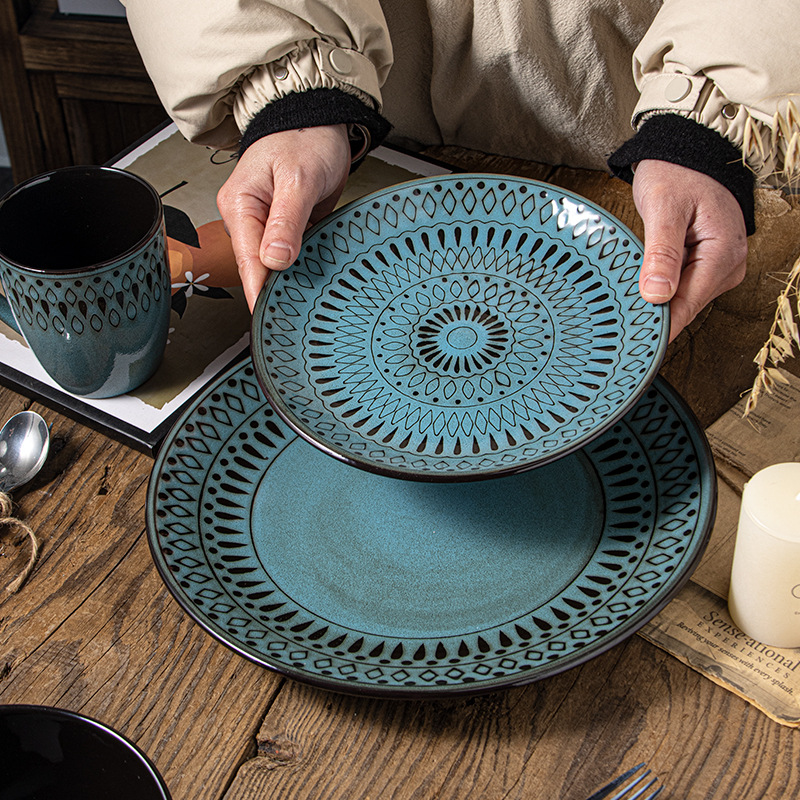 European Diamond Grid Underglaze Dinnerware Set