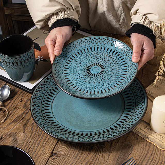 European Diamond Grid Underglaze Dinnerware Set