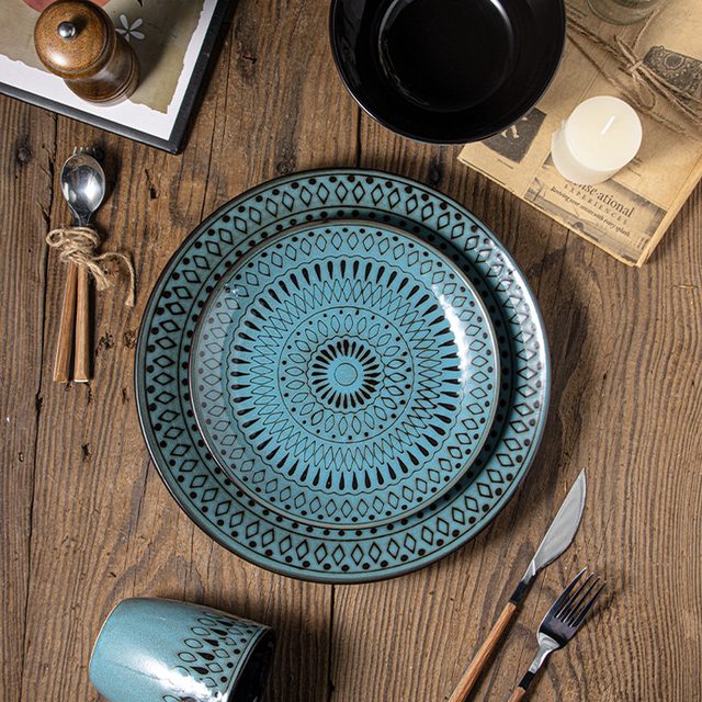 European Diamond Grid Underglaze Dinnerware Set